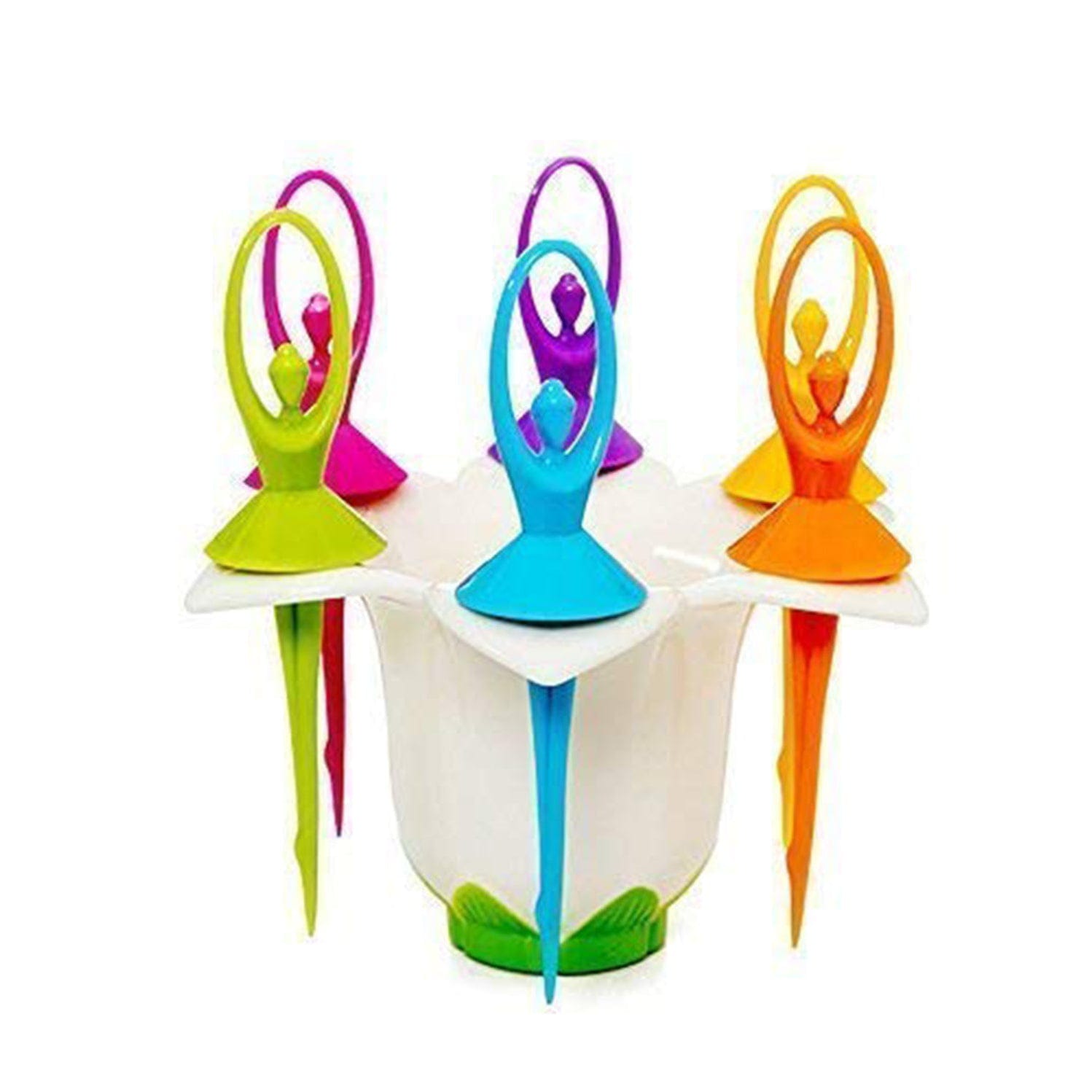 Dancing Doll Fruit Fork Cutlery Set with Stand Multicolor Pack of 6