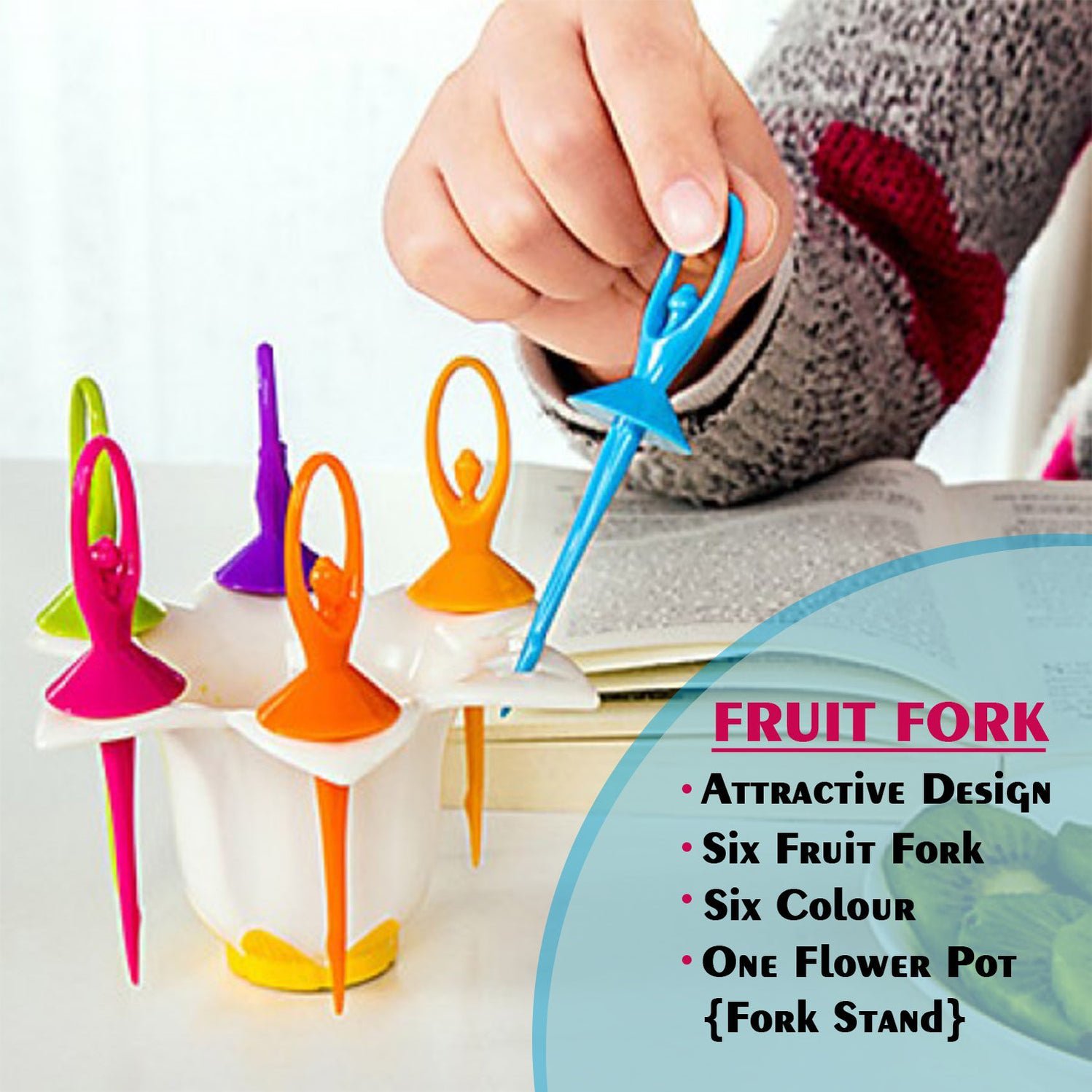 Dancing Doll Fruit Fork Cutlery Set with Stand Multicolor Pack of 6 - Image 6