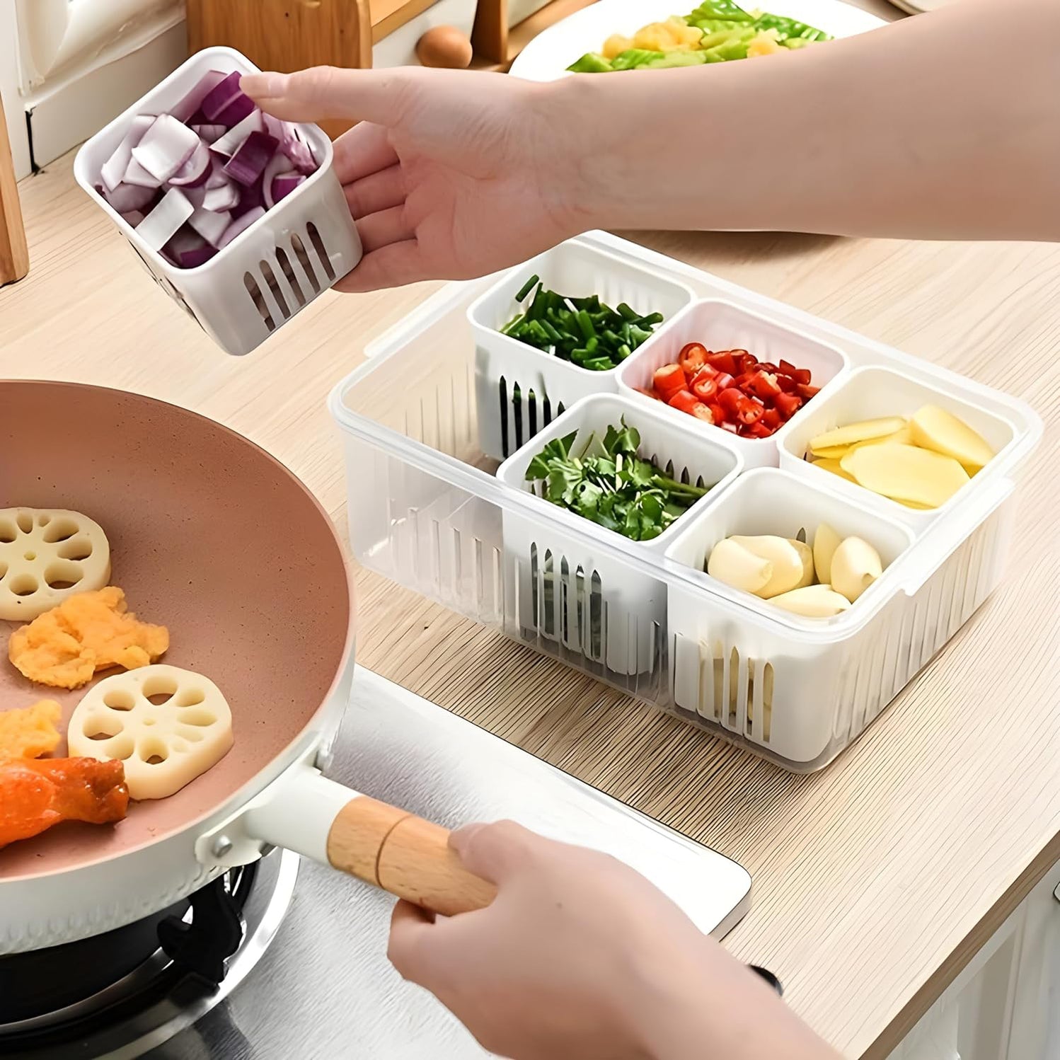 Fridge Storage Box Fridge Organizer with Removable Drain Plate 6 Grid Combo - Image 3