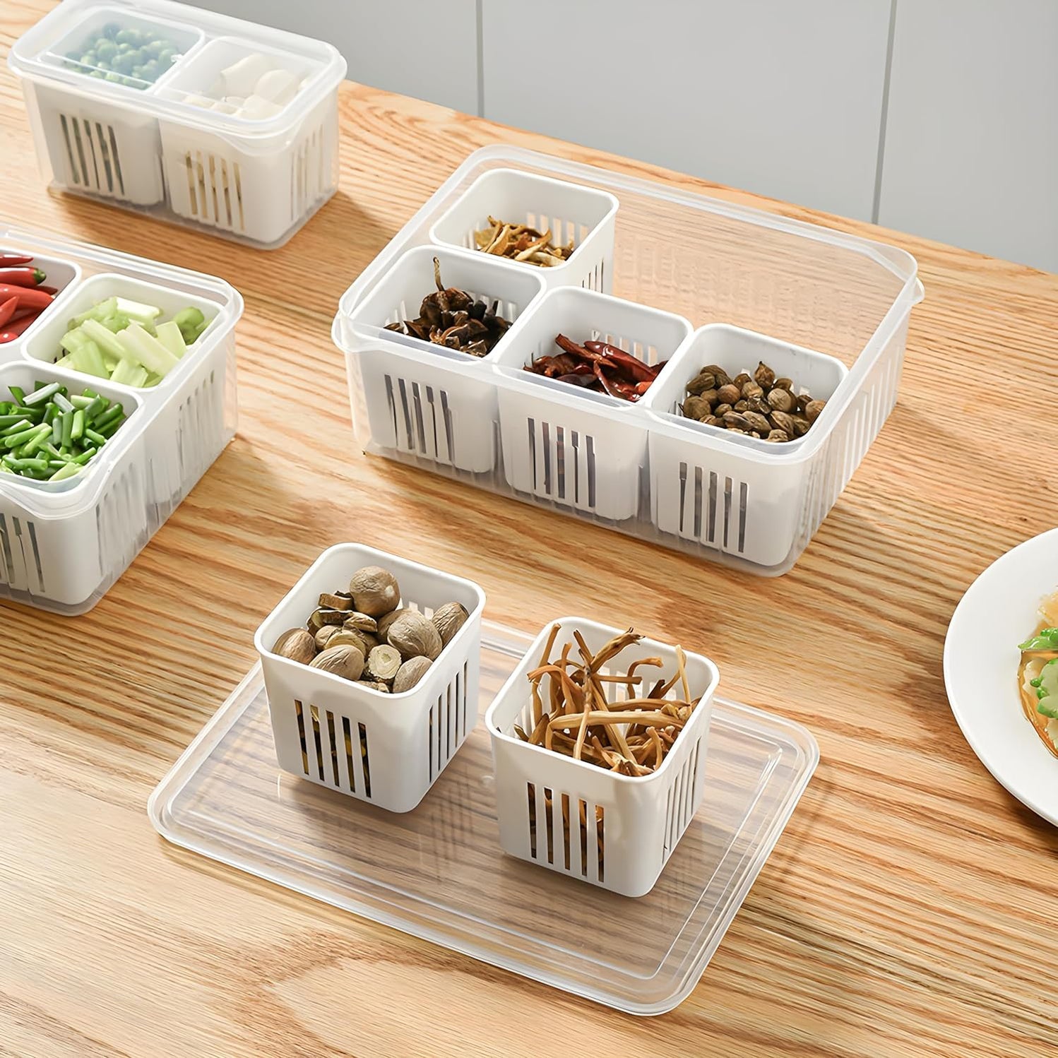 Fridge Storage Box Fridge Organizer with Removable Drain Plate 6 Grid Combo - Image 4